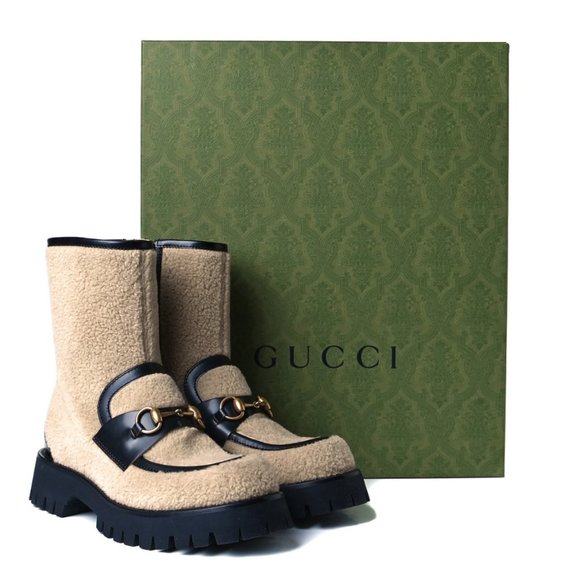 Gucci Horsebit Beige Sherling Gold Bee Leather Ankle Boots - Picture 1 of 14